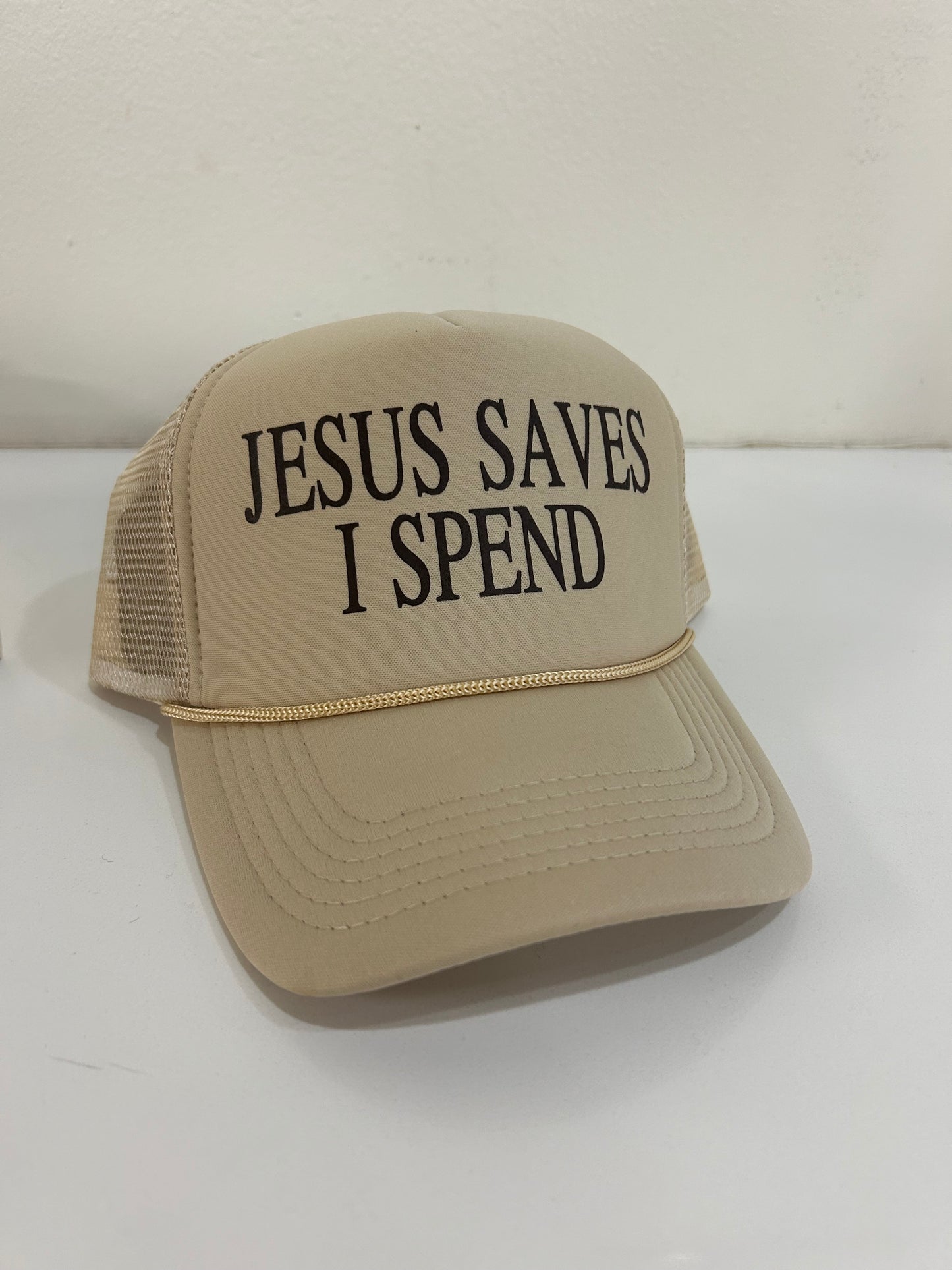 JESUS SAVES I SPEND TRUCKER HAT