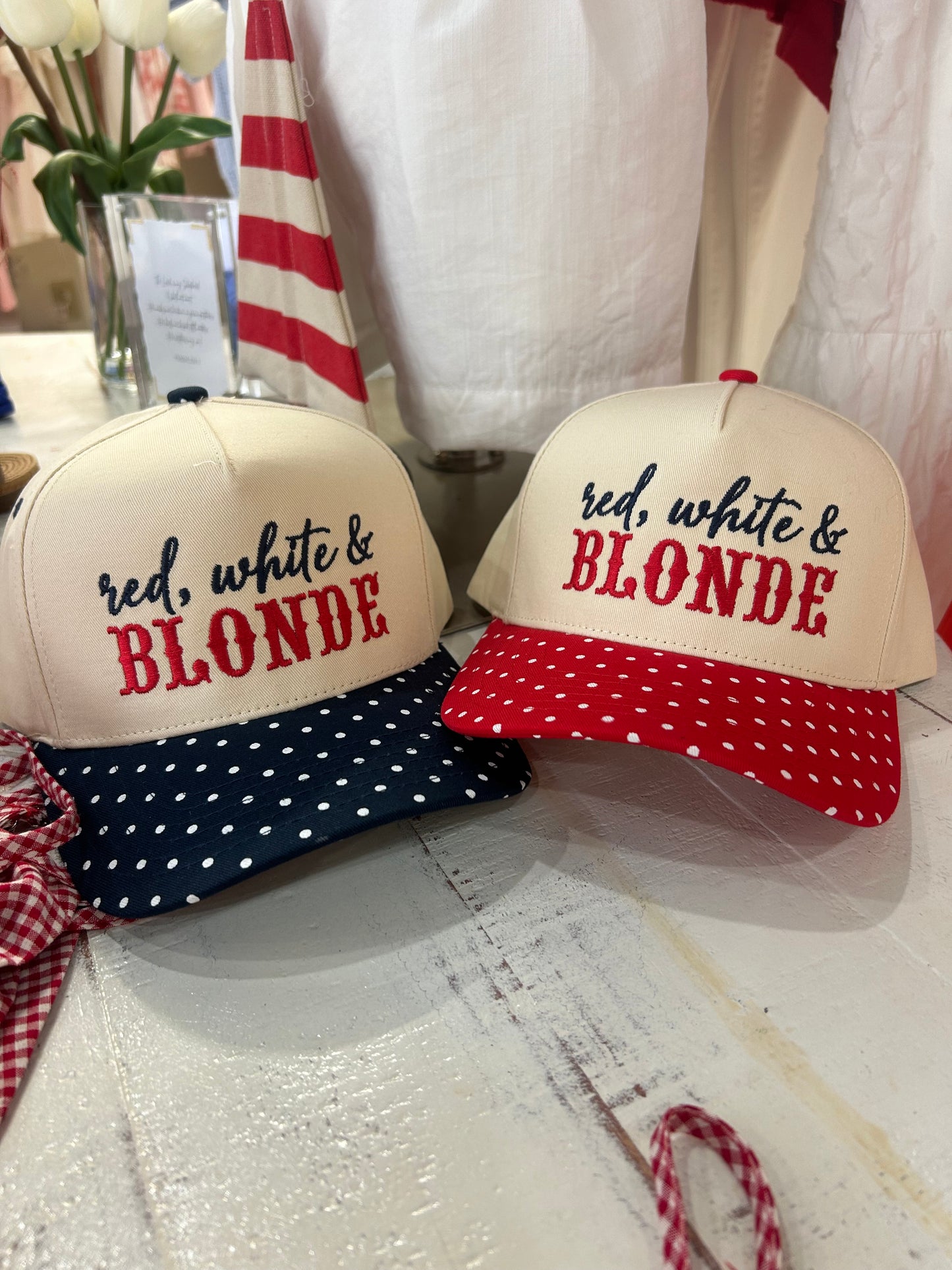 RED, WHITE AND BLONDE TRUCKER HAT