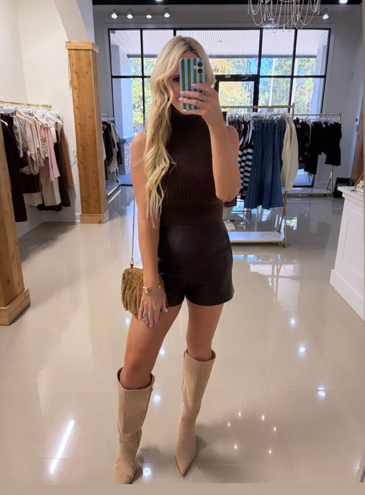 BROWN FAUX LEATHER SHORTS